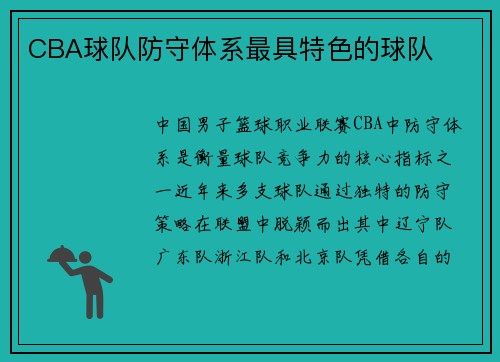 CBA球队防守体系最具特色的球队
