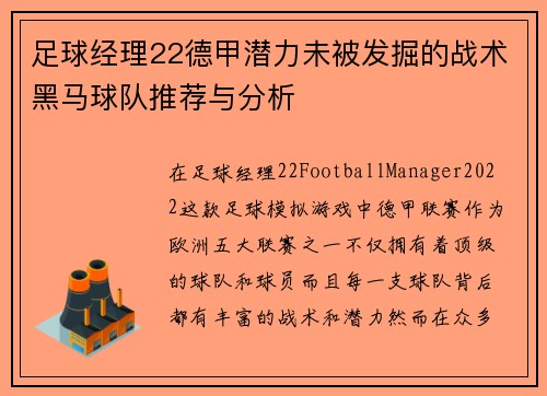足球经理22德甲潜力未被发掘的战术黑马球队推荐与分析